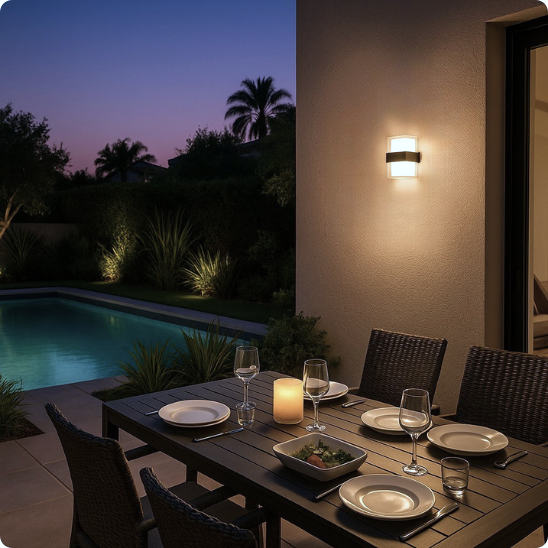 applique exterieur flambeau éclairant une terrasse