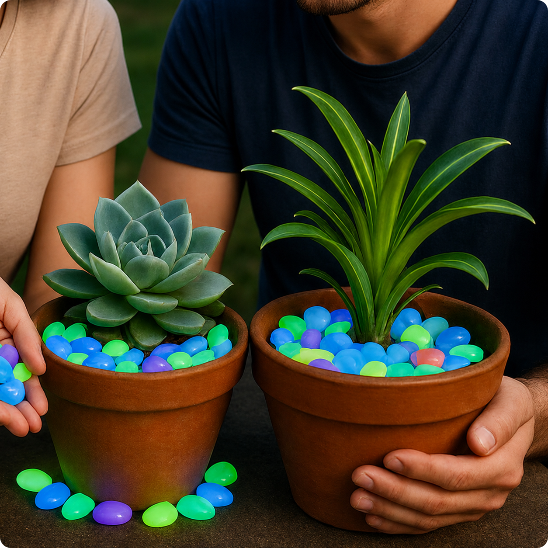 decoration lumineuse exterieur galets luminescents multicolores décorant 2 pots