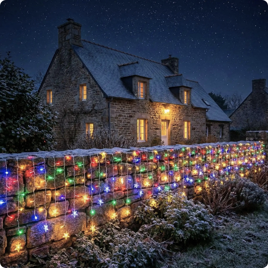 Guirlande extérieur pour Noël Flocon décorant un mur de clôture