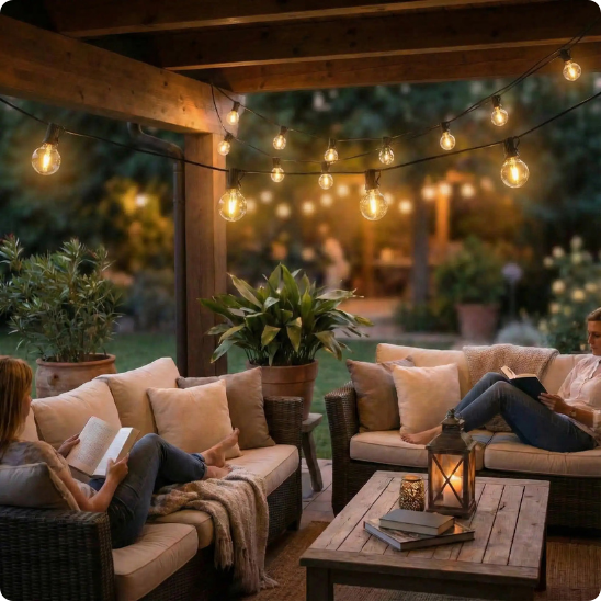 guirlande guinguette extérieur musette éclairant une terrasse aménagée