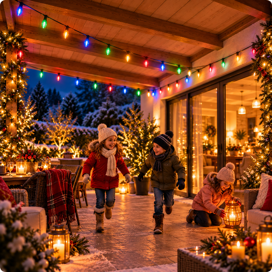 guirlande guinguette extérieur solaire Fiesta éclairant une terrasse en hiver