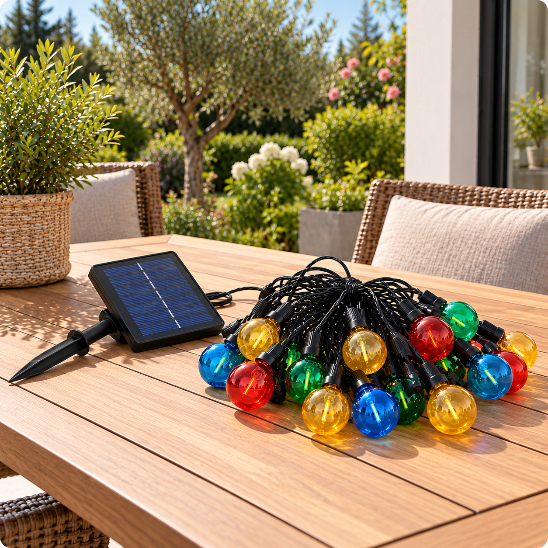 Guirlande guinguette solaire Musette solaire multicolore posée sur une table