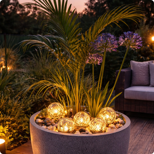 Lampe exterieur solaire Craquelée décore un pot de fleurs