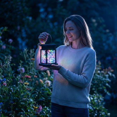 Lanterne exterieure Etincelle Nocturne multicolore présentée par une femme