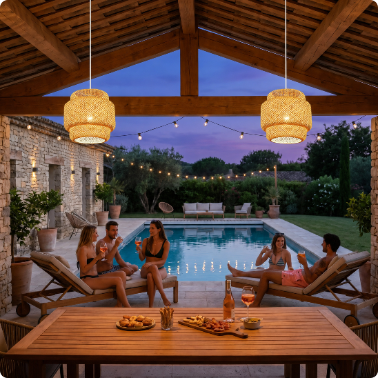 lustre extérieur Lumaïa éclairant un poolhouse