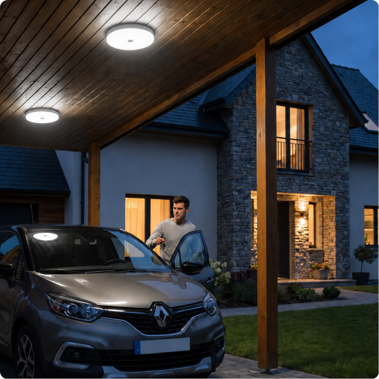 plafonnier exterieur detecteur de mouvement Luméo Détect rond éclairant un carport de voiture