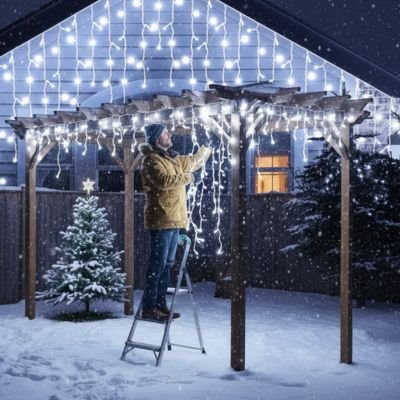 Rideau lumineux Noel Cascade blanc froid sous toit