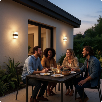 applique exterieur flambeau éclairant des personnes qui dinent