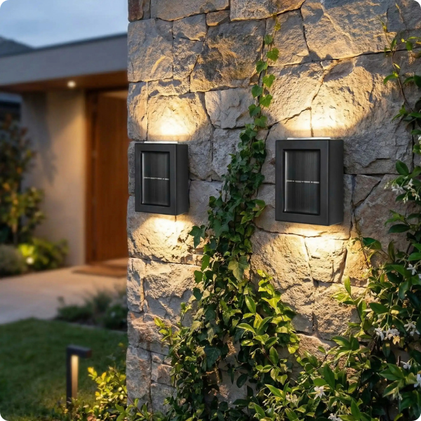Applique exterieur solaire Luminance blanc chaud éclairant un mur en pierres