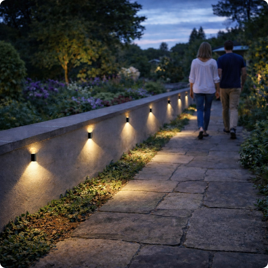 applique exterieur solaire solarled éclaiarnt une allée et des plantes