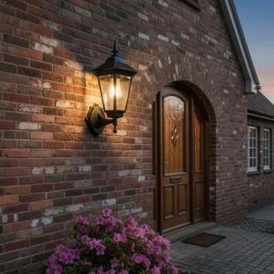 Applique solaire exterieur fixée sur un mur au dessus d'une plante 