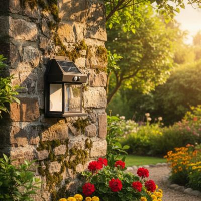 applique solaire exterieur lumasense éclairant mur en pierres