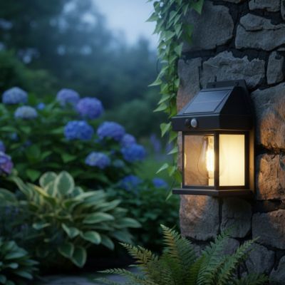 applique solaire exterieur lumasense fixée sur mur en pierres