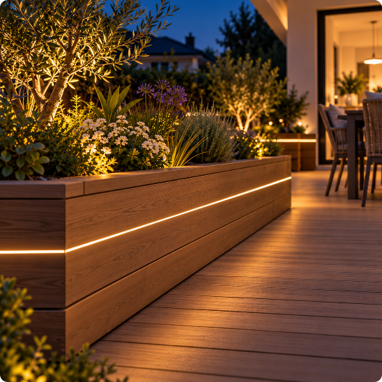 Bande led extérieur étanche Filéa blanc chaud éclairant une jardinière