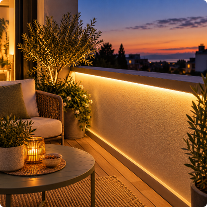 bande led exterieur Linéa blanc chaud éclairant un balcon