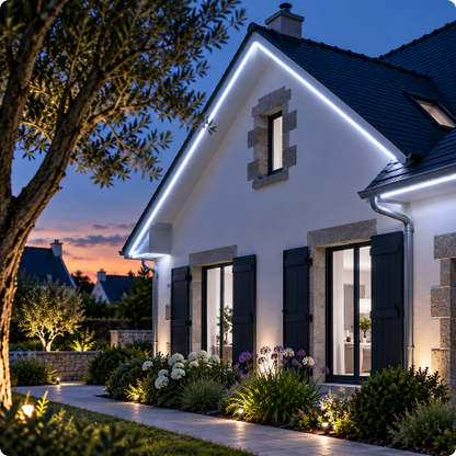 Bande led exterieur solaire FlexiPower blanc froid décorant un toit de maison