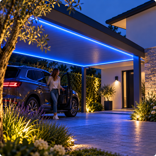 bande led exterieur solaire flexipower bleue éclairant un carport
