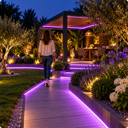 bande led exterieur solaire flexipower violette éclairant une pergola