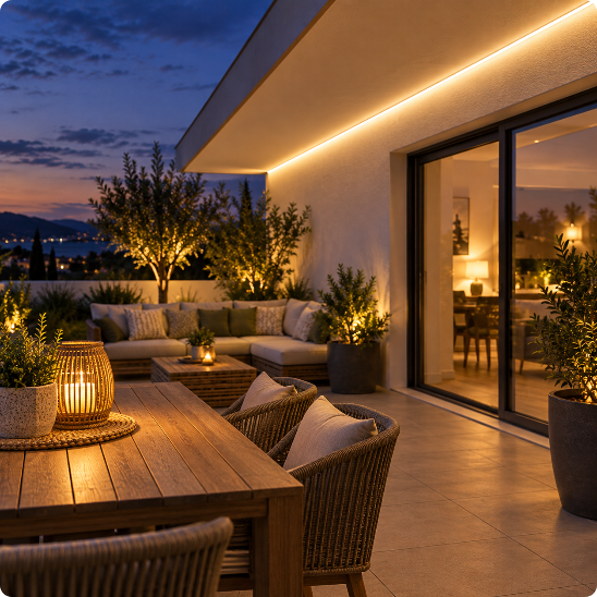 bande led pour exterieur Sillage blanc chaud éclairant une terrasse