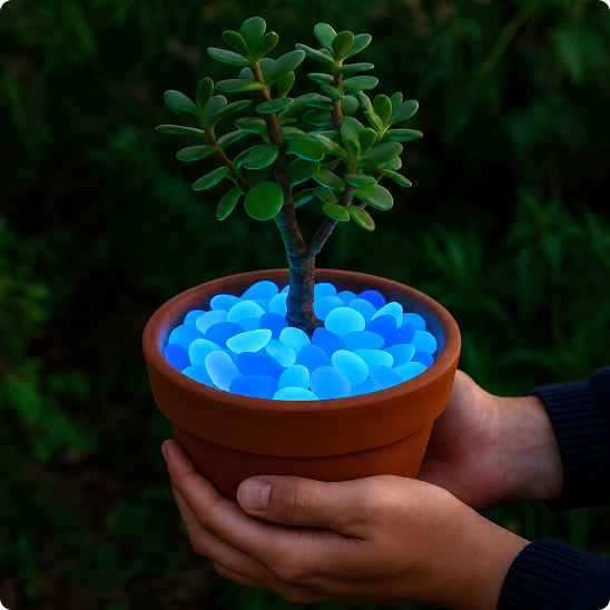 decoration lumineuse exterieur galets luminescents bleus décorant un pot