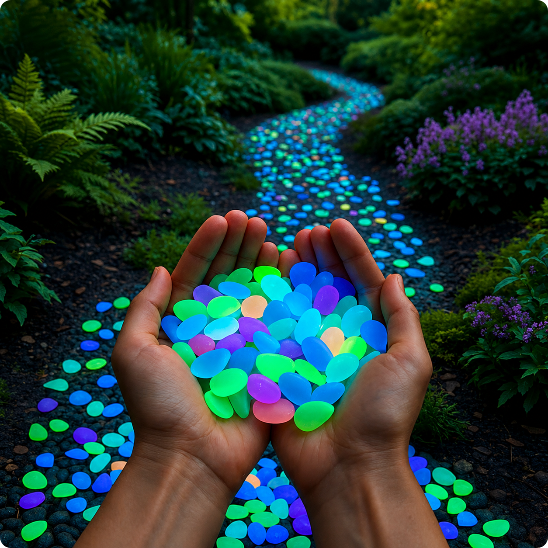 decoration lumineuse exterieur galets luminescents multicolores balisant une allée