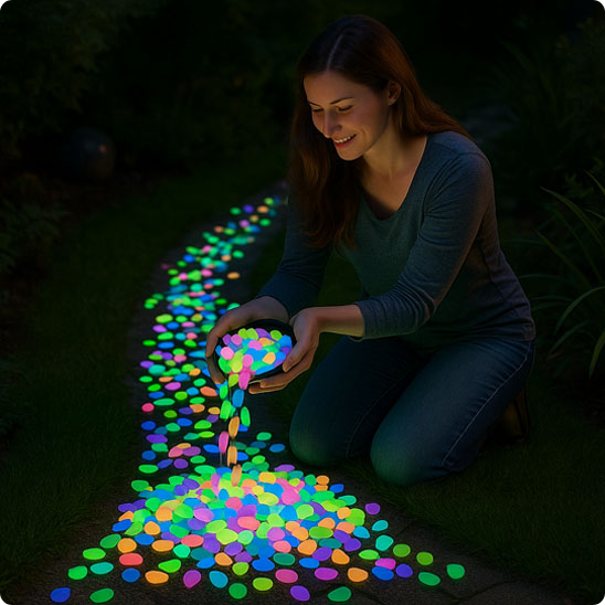 decoration lumineuse exterieur galets luminescents multicolores recouvrant une allée