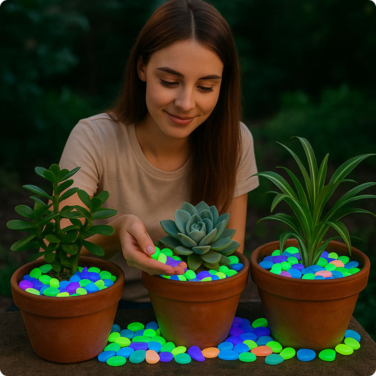 decoration lumineuse exterieur galets luminescents multicolores dans 3 pots 