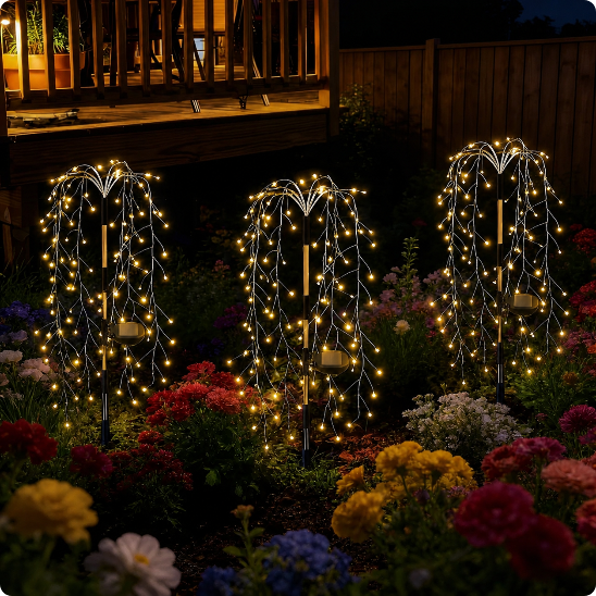 Decoration noel exterieur Saule lumineux blanc chaud décorant les abords d'une terrasse