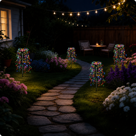 Decoration noel exterieur Saule lumineux multicolore décorant une allée