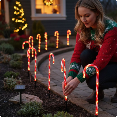 Décoration Noël extérieur Sucre d'orge installée au bord d'une allée