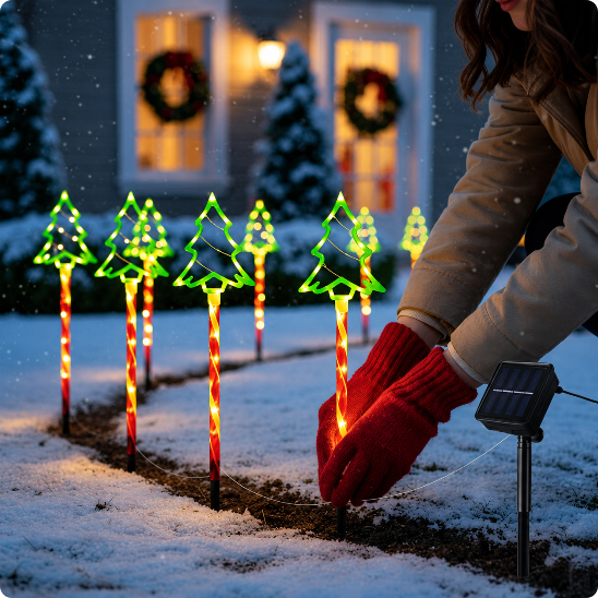 décorations extérieures pour Noël Sapins Lumineux en cours d'installation