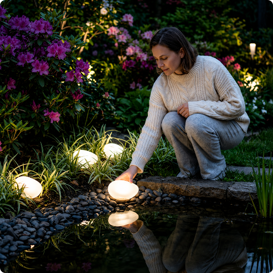 éclairage extérieur solaire roche lumineuse près d'un bassin