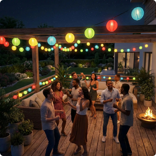 guirlande exterieur lampion multicolore décorant une terrasse pendant une fête