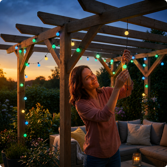 Guirlande extérieur Magic wifi installée sous une pergola