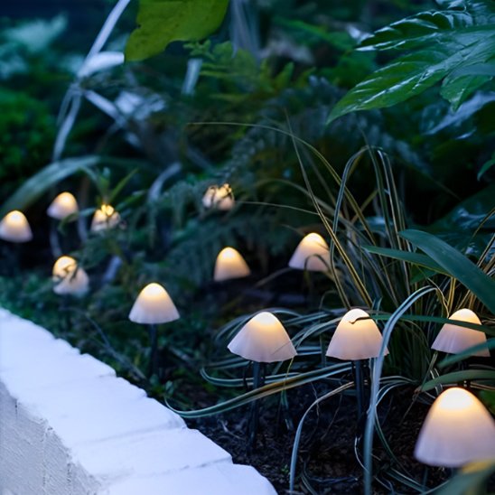 Guirlande exterieur solaire Champignon blanc chaud dans l'herbe