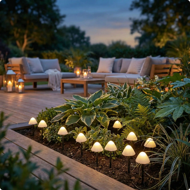 Guirlande exterieur solaire Champignon décorant un parterre de plantes