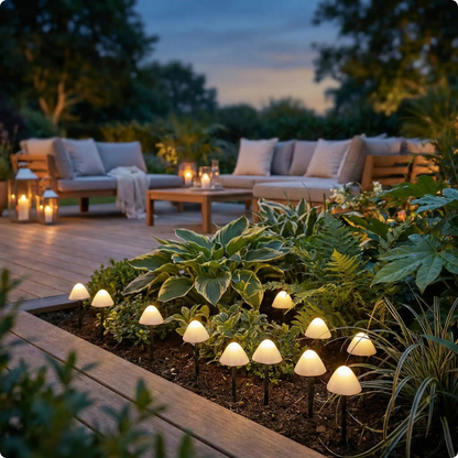Guirlande exterieur solaire Champignon décorant un parterre de plantes