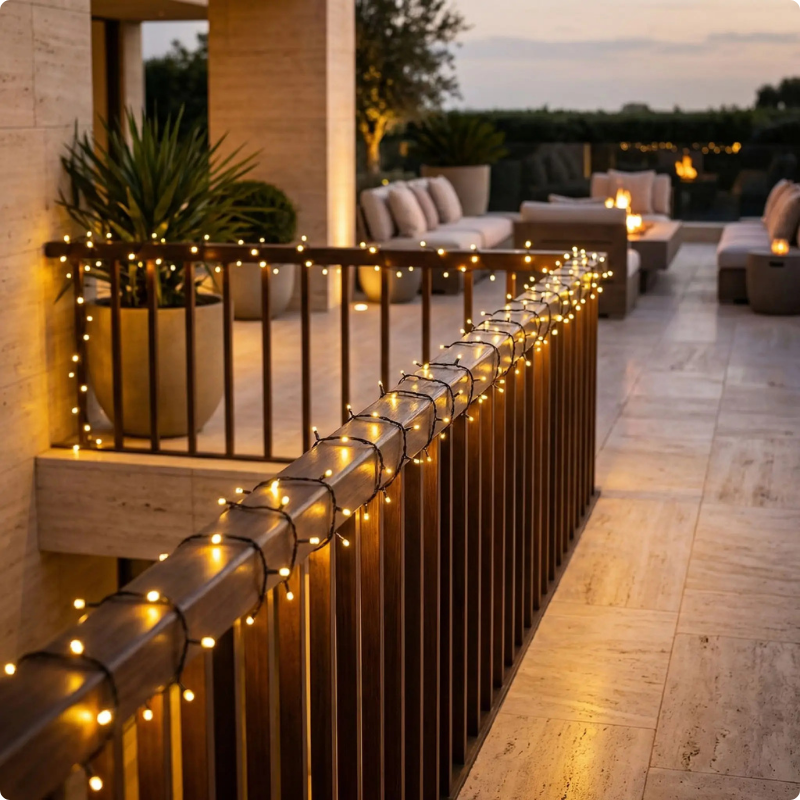 Guirlande exterieur solaire Magellan Solaire blanc chaud décorant une rembarde