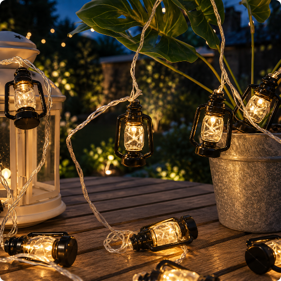 guirlande exterieure lampion Lucerna posée sur une table