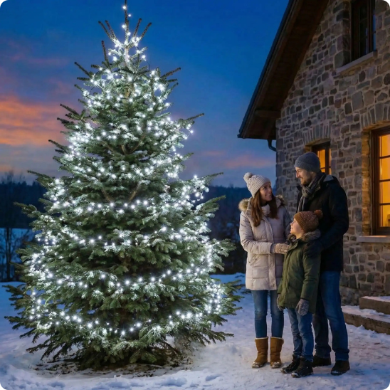 Guirlande extérieure Liane blanc froid décorant un sapin