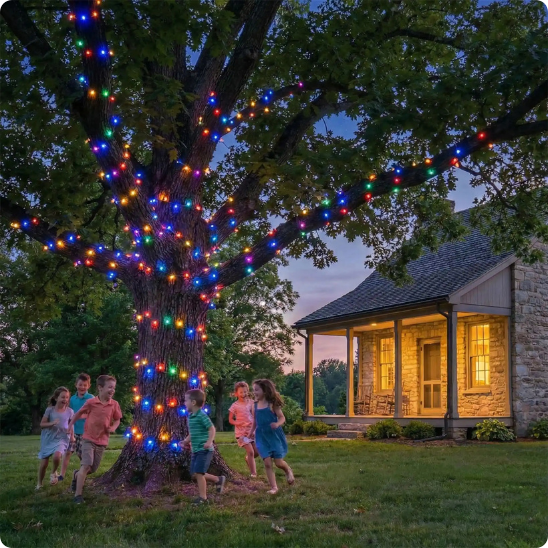 Guirlande extérieure Liane multicolore décorant un arbre