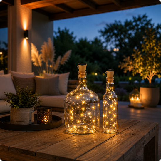 Guirlande exterieure solaire Lucioles solaires blanc chaud décorant une table s