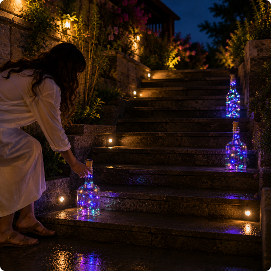 Guirlande exterieure solaire Lucioles solaires multicolores dans des bouteilles sur un escalier