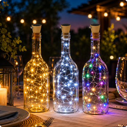 Guirlande exterieure solaire Lucioles solaires décorant des bouteilles vides
