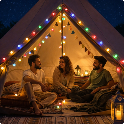 guirlande guiguette extérieur Estaminette multicolore décorant une tente