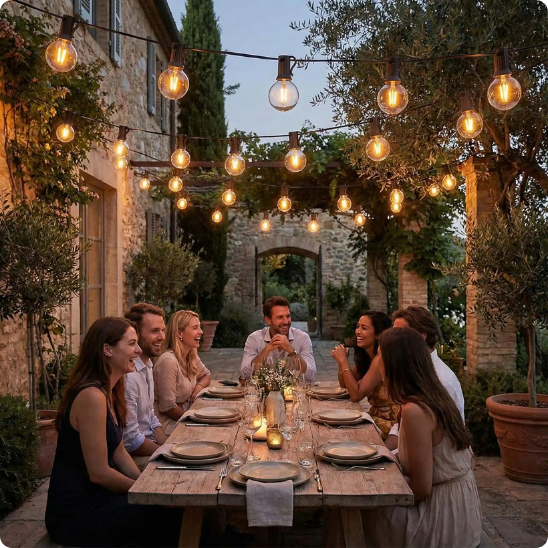 guirlande guinguette extérieur musette éclairant une cour