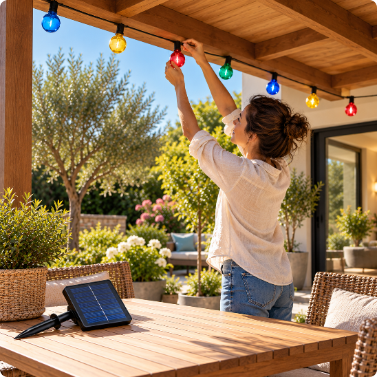 guirlande guinguette solaire musette solaire multicolore installée sur une terrasse