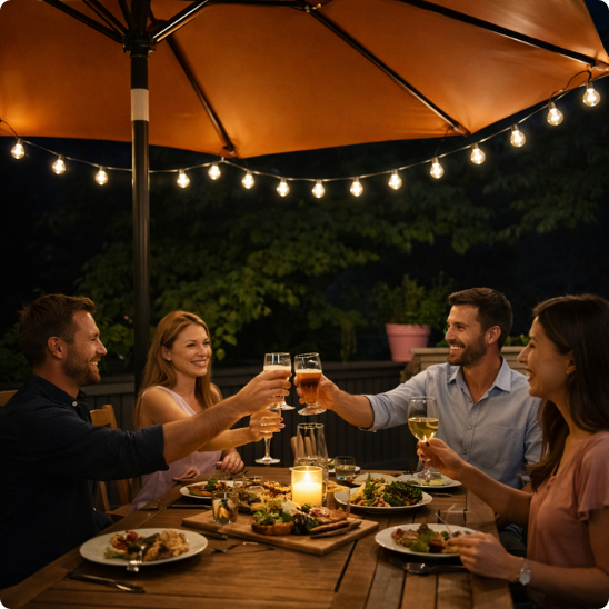 Guirlande guinguette solaire Musette solaire ornant un parasol