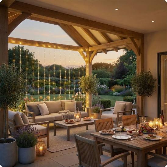 guirlande lumineuse en rideau Pluie Etoilée décorant une terrasse