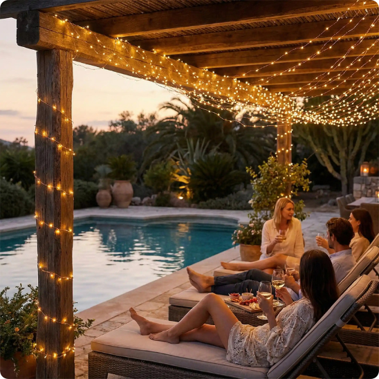 guirlande lumineuse exterieur Comète décorant une pergola